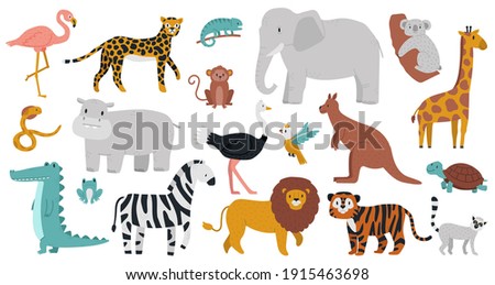 Cute african animals. Wood, jungle or savanna animals, leopard, giraffe, hippo, crocodile and zebra. Wild forest or zoo animals vector illustration set. Giraffe and zebra, wildlife leopard and hippo