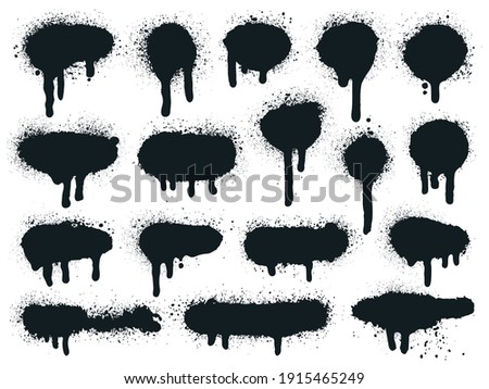 Painted spray elements. Grunge graffiti painted borders and shapes, dirty splatter street art strokes. Spray textured black lines vector illustration set. Spray graffiti dirty, spot grunge splattered