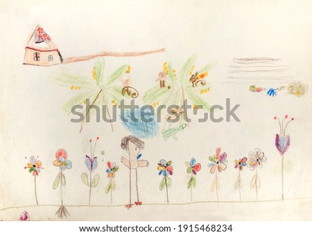 Abstract childs drawing depicting fantastic flowers and animals