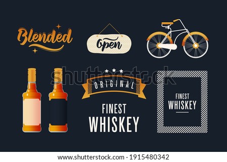 Bottles with Label. Original Finest Whiskey. Blended. Lettering Composition with Decorative Elements. Open Sign. Vintage Bicycle on Dark Background. Modern Vector Illustration. Social Media Ads.