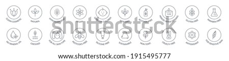 Organic and natural cosmetic line icon collection. Vegan, bio food. Organic products badges. Clean cosmetic, non toxic, hypoallergenic, safe for children. GMO free emblems. Vector illustration. Royalty-Free Stock Photo #1915495777