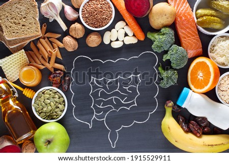 Natural products for healthy bowel. Top view Royalty-Free Stock Photo #1915529911