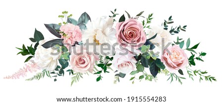 Dusty pink and cream rose, peony, hydrangea flower, tropical leaves vector garland wedding bouquet.Eucalyptus, greenery.Floral pastel watercolor style.Spring bouquet.Elements are isolated and editable Royalty-Free Stock Photo #1915554283