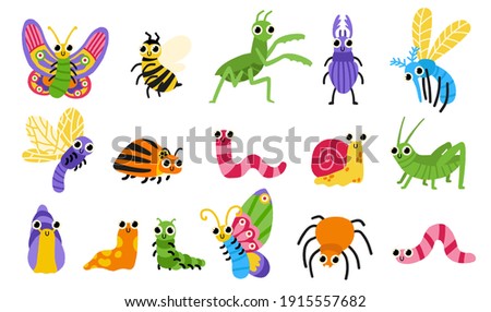 Hand draw cartoon insects illustration. Cute bugs. Snail, locust, spider, colorado potato beetle, butterfly , stag-beetle, mantis, slug, dragonfly for children vector illustration Cute colorful doodle