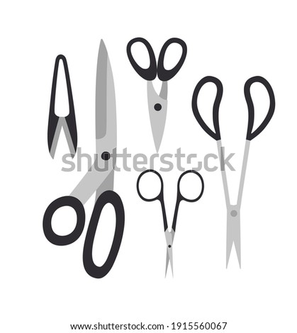 Vector illustration of different scissors for sewing and scissors for trimming threads . Hand-drawn set isolated on white background, in flat design. Sewing hobby concept.