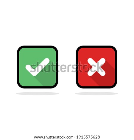 Check and wrong marks, Tick and cross marks, Accepted,Rejected, Approved,Disapproved, Right,Wrong, Correct,False - vector mark symbols in green and red. Black stroke and shadow design. Isolated icon.