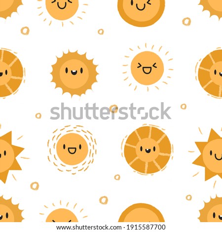 Sun seamless pattern. Vector hand drawn cute sun icons and emoji. Cartoon summer pattern for web, fabric, case, textile, wallpaper, weather design.Funny summer sunshine. Emoticons collection