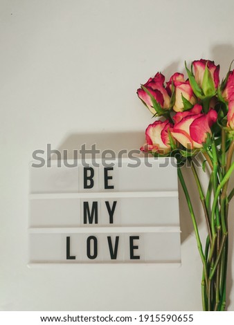 Stylish text frame lightbox with the inscription Be My Love. Pink roses around. Top view of Valentine's Day.