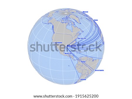 Globe centered to Houston, USA. Vector map showing Houston, United States of America's position on the world map, and its connections with other major cities. Map suitable for digital editing.