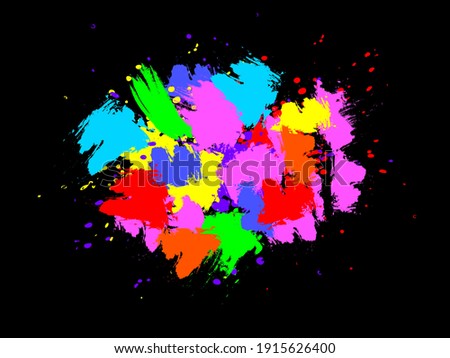 Random brush strokes with bright splashes abstract background. Intense pink splash with green watercolor and vibrant red ink. Creative blue picture and rampant vector yellow holi celebration.