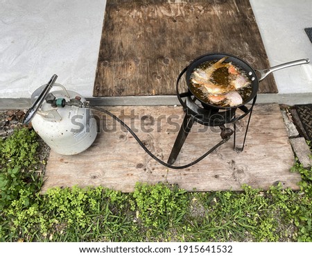 Frying fish in a frying pan with oil in an outdoor setting, for dinner. A propane tank is used to heat the oil and cook the trout.