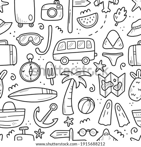 Hand drawn seamless pattern of travel summer vacation elements, luggage, map, suitcase, sea star. Doodle sketch style. Travel element drawn by digital pen. Illustration for wallpaper, background