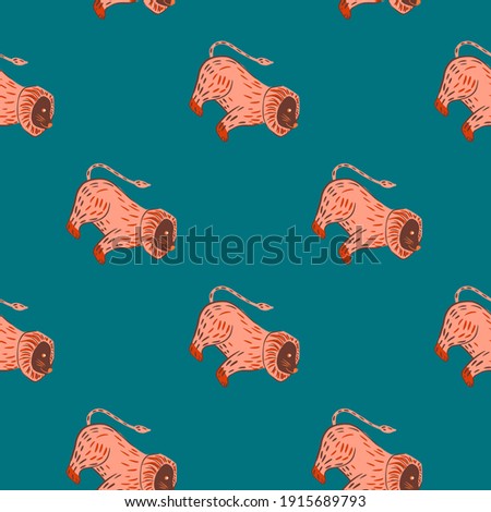 Cartoon childish seamless pattern with funny pink lions ornament. Turquoise background. Simple design. Graphic design for wrapping paper and fabric textures. Vector Illustration.