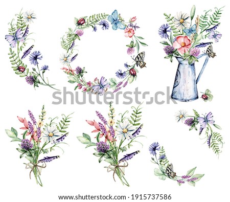 Set watercolor wild flowers, butterfly, watering can, chamomile, clover, cornflower hand painting, floral vintage bouquet for poster, greeting card, birthday, wedding design. Isolated on white.