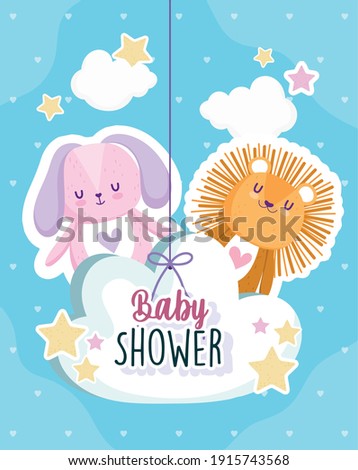 Baby shower, lion and rabbit in hanging cloud card vector illustration