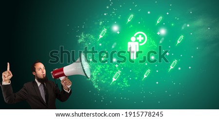 Young person shouting in megaphone and healthcare worker icon, medical concept
