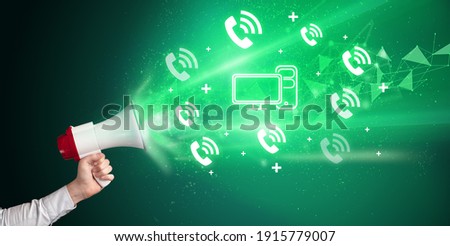 Young person yelling in loudspeaker with personal computer icon, modern technology concept