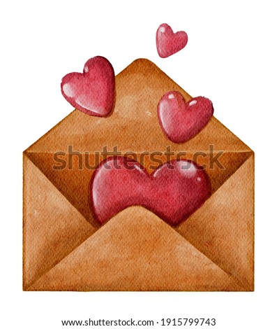 Watercolor love envelope (opened), red hearts. Handdrawn watercolor painted clip art, Saint Valentine's Day decoration and symbol. Perfect for decoration of invitations, posters and packaging.