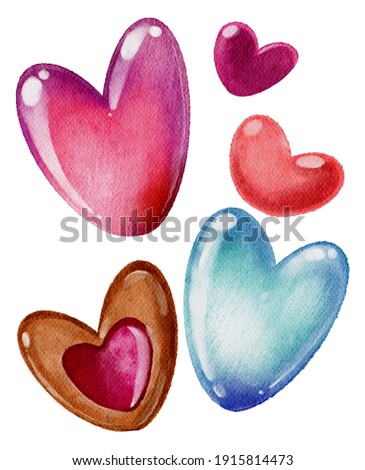 Watercolor hearts set. Handdrawn watercolor painted clip art, Saint Valentine's Day decoration and symbol. Perfect for decoration of invitations, posters and packaging.