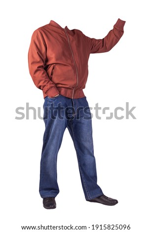 dark blue jeans, black leather shoes,red bomber jacket isolated on white background. Casual style