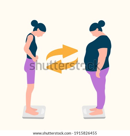 Body positive woman. Vector illustration of a thin and fat woman. Girls stand on the scales. Illustration for Social media, poster, web and app. Eps 10 Royalty-Free Stock Photo #1915826455