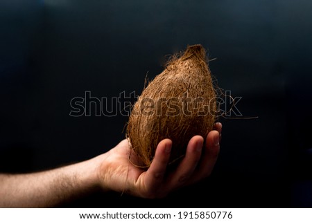 Male hand with unpeeled natural coconut on a black background with soft natural light. Photograph in a low key. Culinary and gastronomic and cosmetic concept.