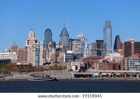 Medium view of Philadelphia cityscape and Penn's Landing