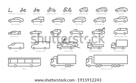 Big set outline car icons, different types of transportation Royalty-Free Stock Photo #1915912243