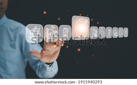 Businessman touchscreen on the graph Screen Icon of a media screen, Technology Process System Business with Communication and marketing concept, Team success, HR Human, Business success