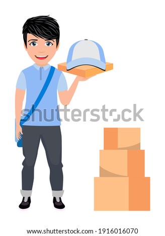 Happy cute beautiful smart delivery boy character with cheerful expression with beautiful deliveryman t-shirt outfits and waving with pizza box and boxes