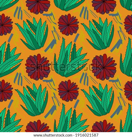 Cute hand drawn Succulent Aloe, Agave plant seamless pattern. Bushes background. Vector illustration. 