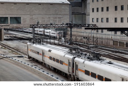 Train moving on track, Chicago, Cook County, Illinois, USA