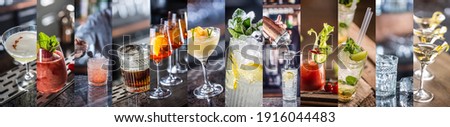 Collage of various cocktails on the world. Best mixed drinks - Old fashioned Mojito Negroni Daiquiri Aperol Spritz etc. Set 2 of 3. Royalty-Free Stock Photo #1916044483