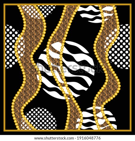 Modern illustration pattern with wavy line, zebra spheres background.Illustration patch for print, fabric, textile, scarf design.