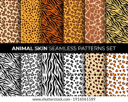 Animal skin seamless pattern set. Mammals Fur. Collection of print skins. Cheetah, Giraffe, Tiger, Zebra, Leopard, Jaguar. Printable Background. Vector illustration. Royalty-Free Stock Photo #1916061589