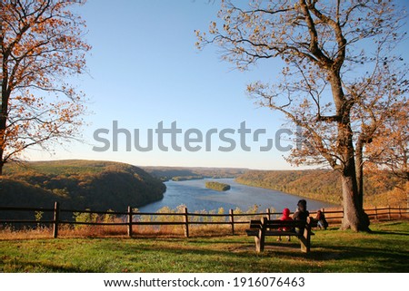 Tourists Enjoying the view at the Pinnacle Overlook in Kelly's Run Nature Preserve, Pennsylvania, USA Royalty-Free Stock Photo #1916076463