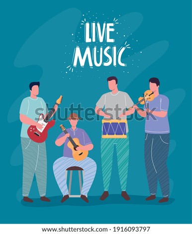 group of orchest playing instruments and live music lettering vector illustration design