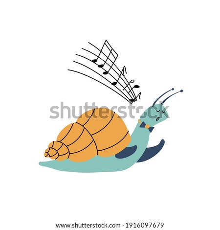 Vector Cartoon Illustration of funny singing snail. Cute hand drawn kids design element isolated on white. Doodle scandinavian style.