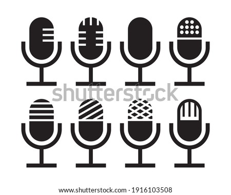 Microphone icon set isolated on white background. Podcast icon, voice recording. Retro microphone vector image.