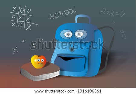 funny backpack with eyes and an apple with eyes on the background of the school board. clipart