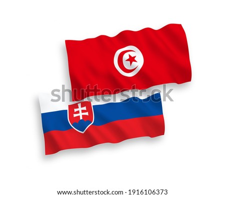 National vector fabric wave flags of Slovakia and Republic of Tunisia isolated on white background. 1 to 2 proportion.