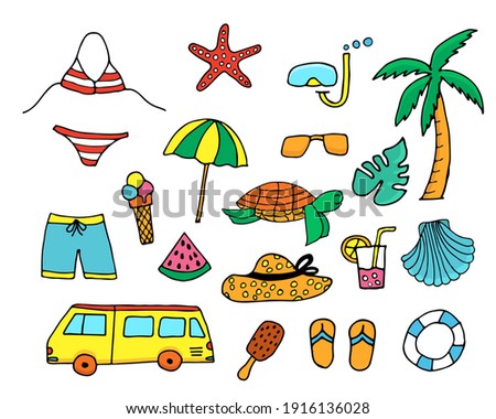 Colorful doodle summer illustration collection. Set of colorful doodle summer icons. Colorful travel icons set. Summer icon set.
