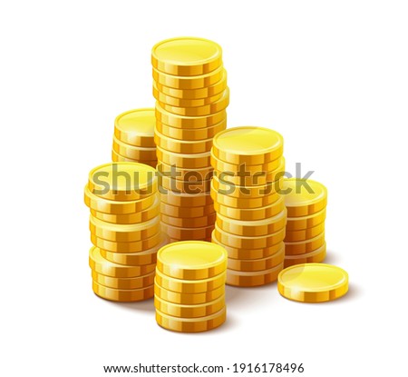 Gold coins cash money in piles, Isolated on white transparent background. Eps10 vector illustration. Royalty-Free Stock Photo #1916178496