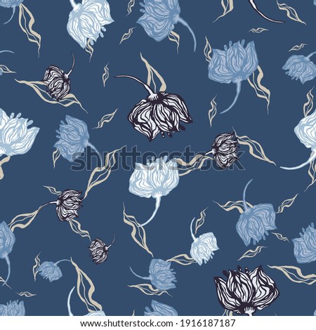 Wilted blue flowers seamless vector pattern. Botanical surface print design for fabrics, stationery, scrapbook paper, gift wrap, textiles, backgrounds, and packaging.
