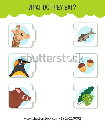 Matching children educational game. What do they eat?. Activity for pre sсhool years kids and toddlers. Animals and food. Royalty-Free Stock Photo #1916219092
