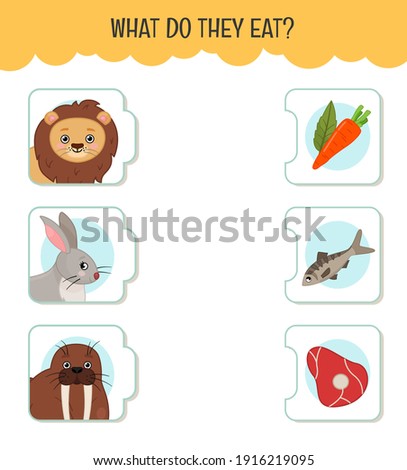 Matching children educational game. What do they eat?. Activity for pre sсhool years kids and toddlers. Animals and food. Royalty-Free Stock Photo #1916219095