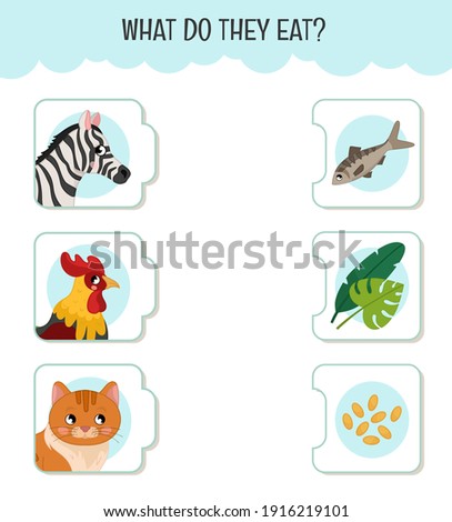Matching children educational game. What do they eat?. Activity for pre sсhool years kids and toddlers. Animals and food. Royalty-Free Stock Photo #1916219101