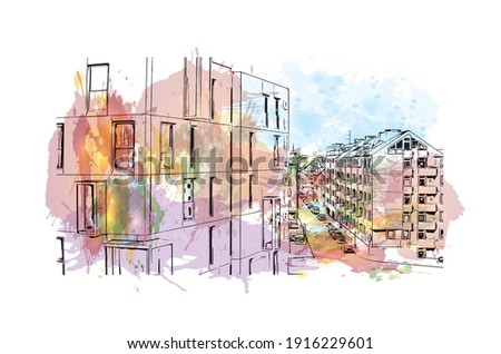 Building view with landmark of Cologne is the
city in Germany. Watercolour splash with hand drawn sketch illustration in vector.