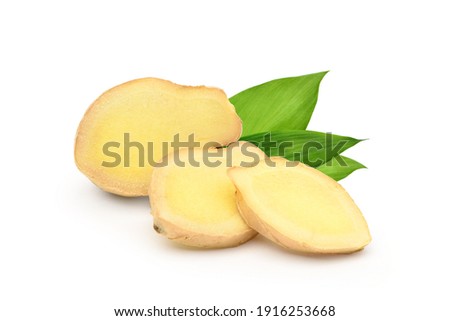 Fresh ginger rhizome sliced with green leaves isolated on white background. Royalty-Free Stock Photo #1916253668