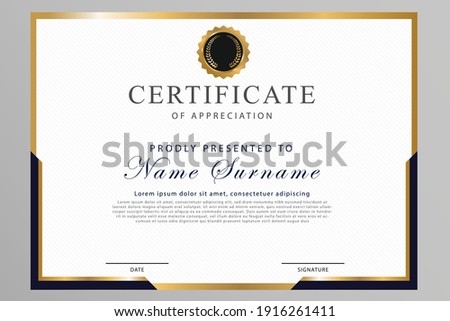 Certificate of appreciation template, gold and Black color. Clean modern certificate with gold badge. Certificate border template with luxury and modern line pattern. Royalty-Free Stock Photo #1916261411